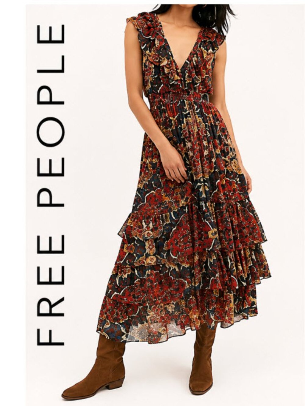 Free People Wear It Out Midi Dress Boho Tiered Floral Chic Coastal Festival